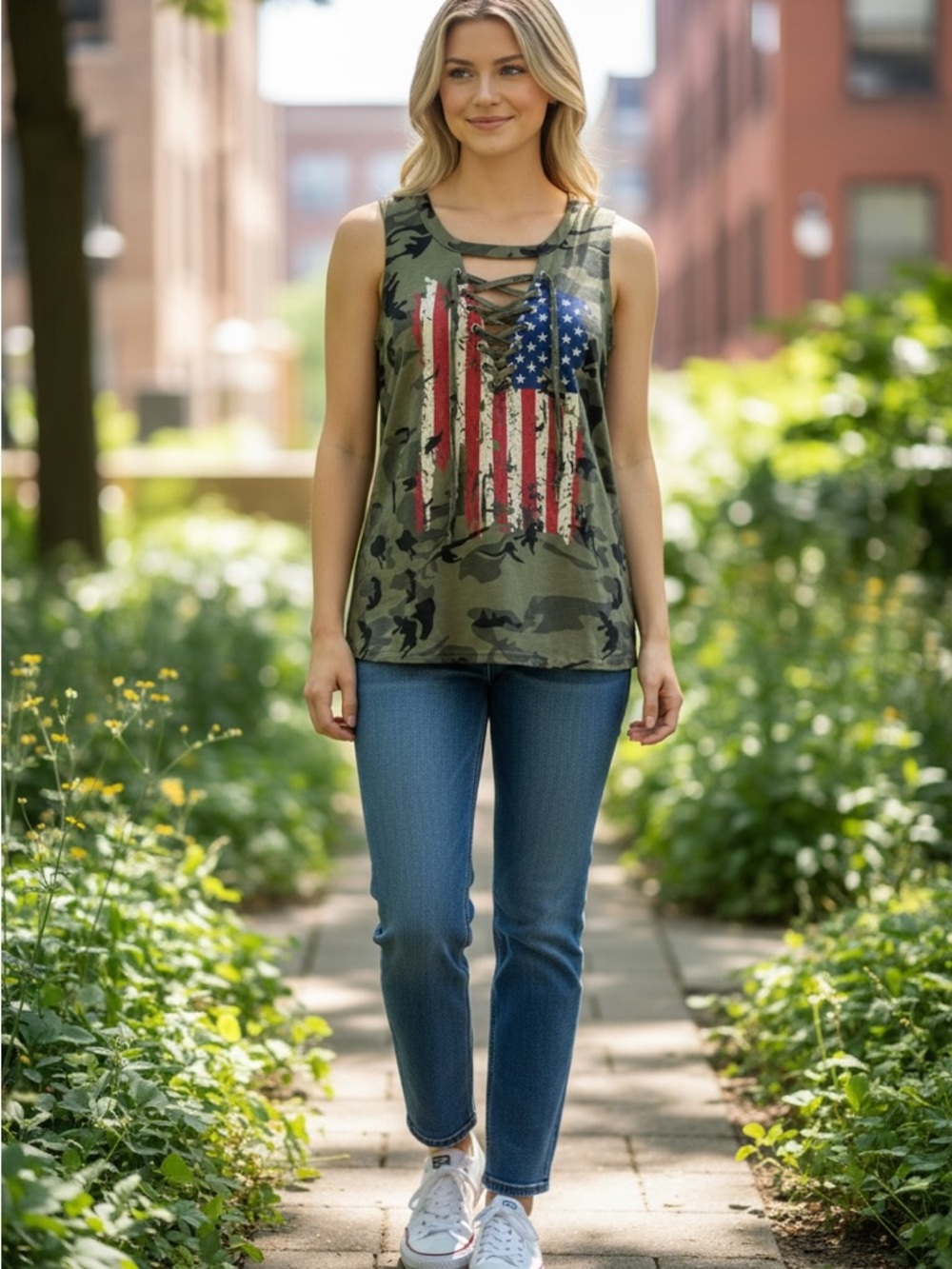 Sleeveless Camo American Flag Lace-Up Tank Top - Olive
